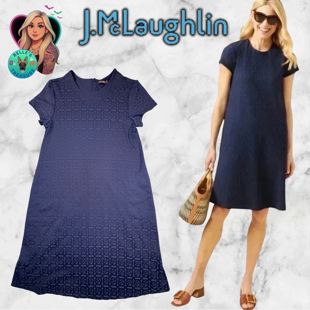 J.McLaughlin Swing Dress Knot Print Jacquard Navy Blue Women Small Summer Luxury